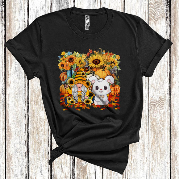 MacnyStore - Gnome And Bunny Cool Thanksgiving Pumpkin Sunflowers Floral Farmer Fall Leaves T-Shirt