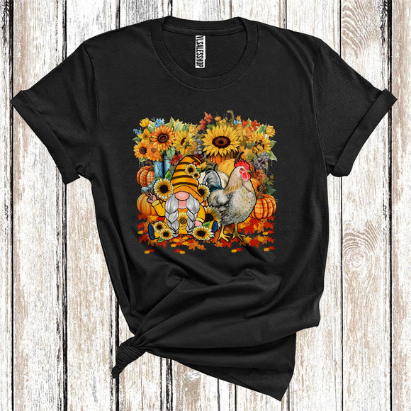 MacnyStore - Gnome And Chicken Cool Thanksgiving Pumpkin Sunflowers Floral Farmer Animal Fall Leaves T-Shirt