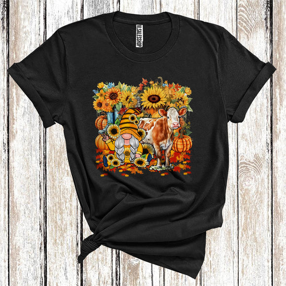 MacnyStore - Gnome And Cow Cool Thanksgiving Pumpkin Sunflowers Floral Farmer Animal Fall Leaves T-Shirt