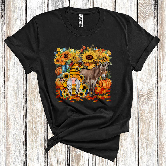 MacnyStore - Gnome And Donkey Cool Thanksgiving Pumpkin Sunflowers Floral Farmer Animal Fall Leaves T-Shirt