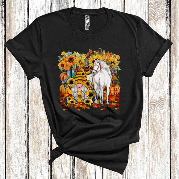 MacnyStore - Gnome And Horse Cool Thanksgiving Pumpkin Sunflowers Floral Farmer Animal Fall Leaves T-Shirt
