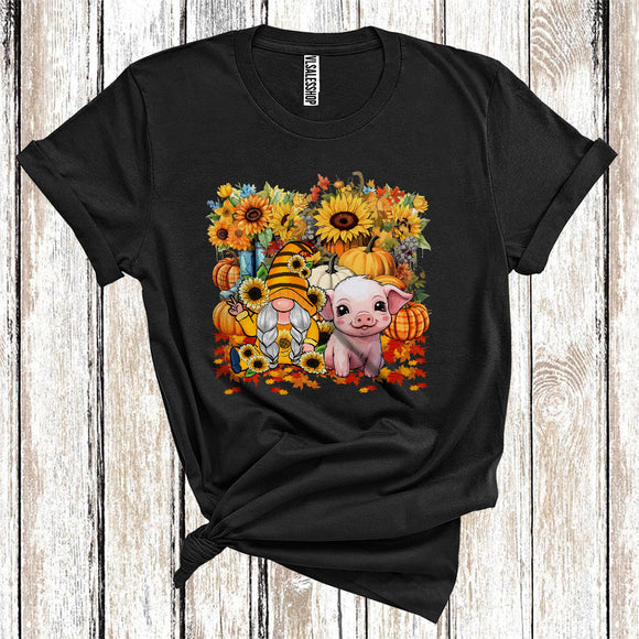 MacnyStore - Gnome And Pig Cool Thanksgiving Pumpkin Sunflowers Floral Farmer Animal Fall Leaves T-Shirt
