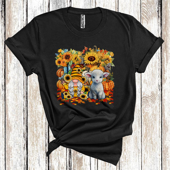 MacnyStore - Gnome And Sheep Cool Thanksgiving Pumpkin Sunflowers Floral Farmer Animal Fall Leaves T-Shirt