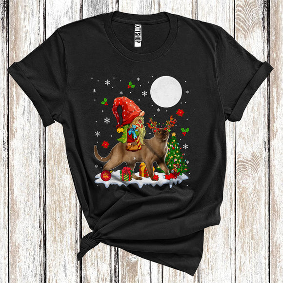 MacnyStore - Gnome Riding Reindeer Burmese Cat Cute Christmas Tree Lights Cat Owner Lover T-Shirt