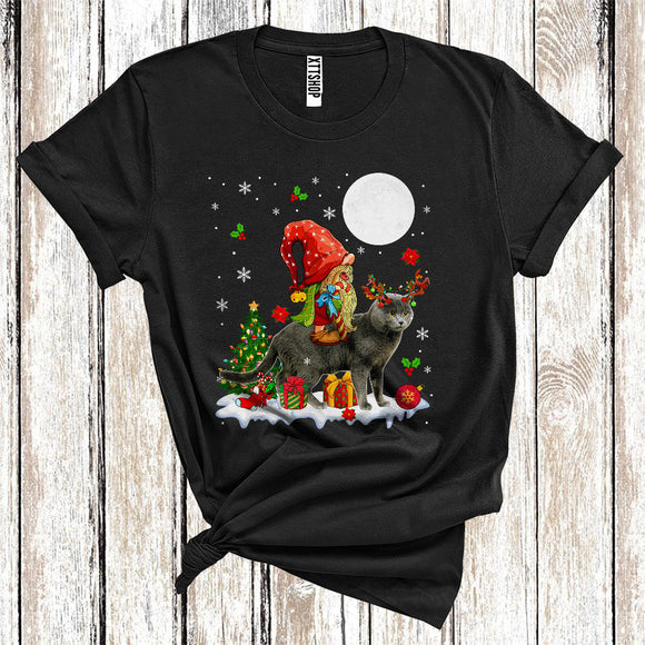 MacnyStore - Gnome Riding Reindeer Chartreux Cat Cute Christmas Tree Lights Cat Owner Lover T-Shirt