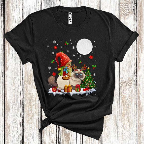 MacnyStore - Gnome Riding Reindeer Himalayan Cat Cute Christmas Tree Lights Cat Owner Lover T-Shirt