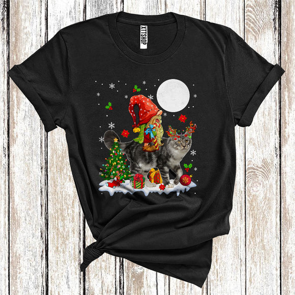 MacnyStore - Gnome Riding Reindeer Maine Coon Cat Cute Christmas Tree Lights Cat Owner Lover T-Shirt