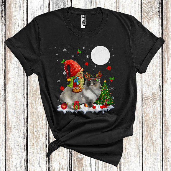 MacnyStore - Gnome Riding Reindeer Persian Cat Cute Christmas Tree Lights Cat Owner Lover T-Shirt