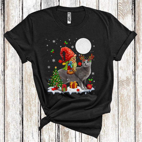MacnyStore - Gnome Riding Reindeer Russian Blue Cat Cute Christmas Tree Lights Cat Owner Lover T-Shirt