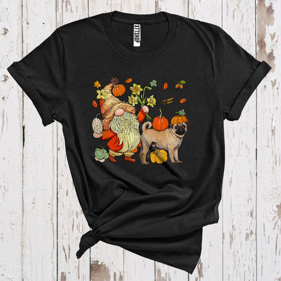 MacnyStore - Gnome With Florals Pug Carrying Pumpkins Funny Thanksgiving Fall Pug Owner Lover T-Shirt