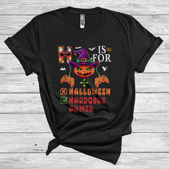 MacnyStore - H Is For Hardcore Gamer Halloween Cool Witch Carved Pumpkin Game Controllers Videogames Lover T-Shirt