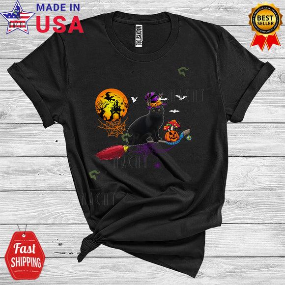 MacnyStore - Halloween Black Cat Witch's Broom Funny Cat Pumpkins On Broomstick Animal Lover T-Shirt