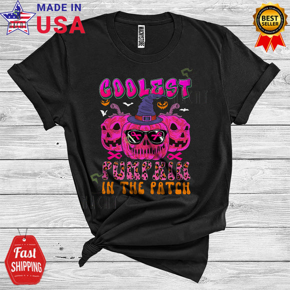 MacnyStore - Halloween Breast Cancer Awareness Coolest Pumpkin In The Patch Cute Pink Ribbon Sunglass Witch Pumpkin T-Shirt