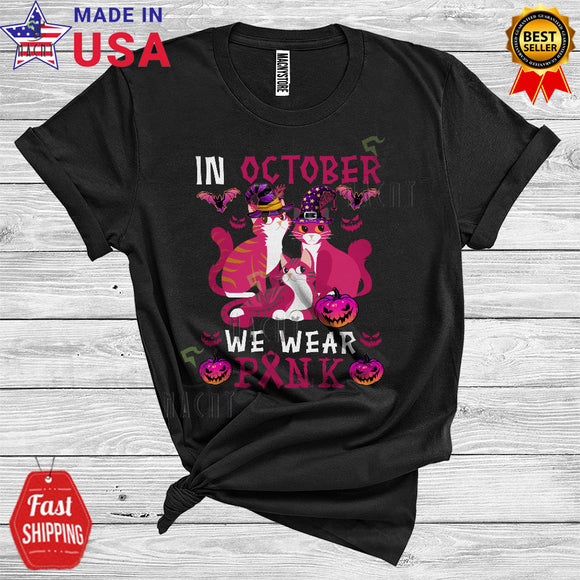 MacnyStore - Halloween Breast Cancer Awareness We Wear Pink In October Cute Pink Witch Cat Lover T-Shirt