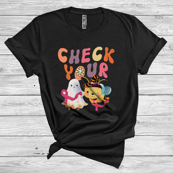 MacnyStore - Halloween Breast Cancer Check Your Boo Bee Cute Boo Ghost Witch Bee Pink Ribbon Lover T-Shirt