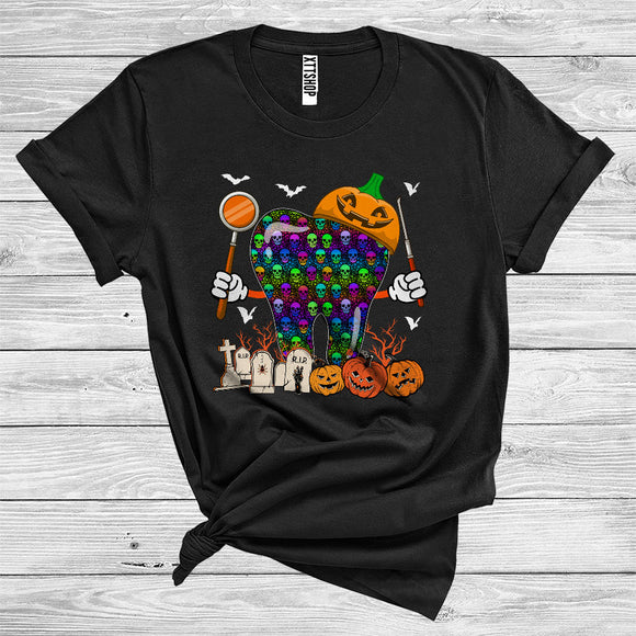 MacnyStore - Halloween Carved Pumpkin With Skull Teeth Funny Halloween Costume Dentist Dental Lover T-Shirt