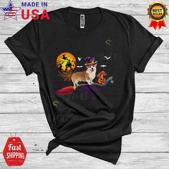 MacnyStore - Halloween Corgi Witch's Broom Funny Animal Lover Pumpkin Broomstick T-Shirt