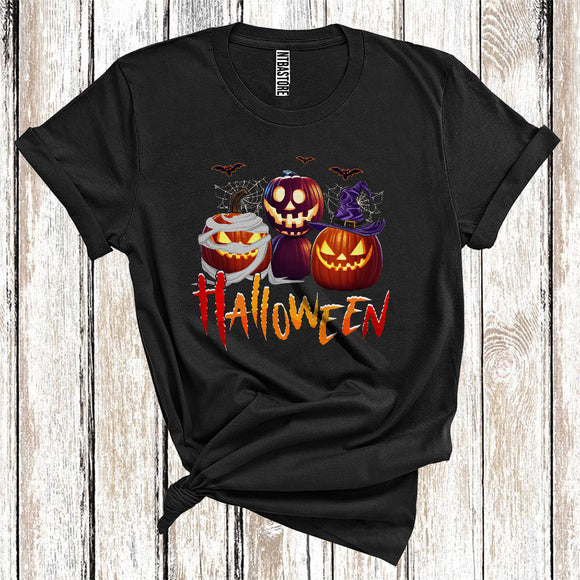 MacnyStore - Halloween Costume Funny Three Scary Carved Pumpkin Witch Mummy Jack O Lantern T-Shirt