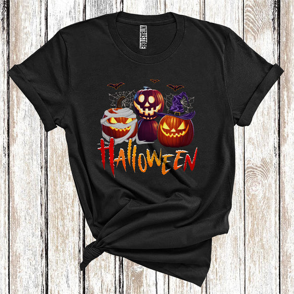 MacnyStore - Halloween Costume Funny Three Scary Carved Pumpkin Witch Mummy Jack O Lantern T-Shirt