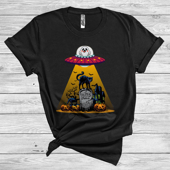 MacnyStore - Halloween Costume Ghost Boo Alien UFO Catching Black Cat Carved Pumpkin Witch T-Shirt