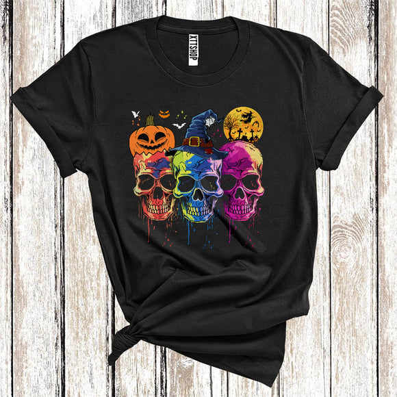 MacnyStore - Halloween Costume Three Skulls Witch Funny Carved Pumpkin Scary Moon T-Shirt