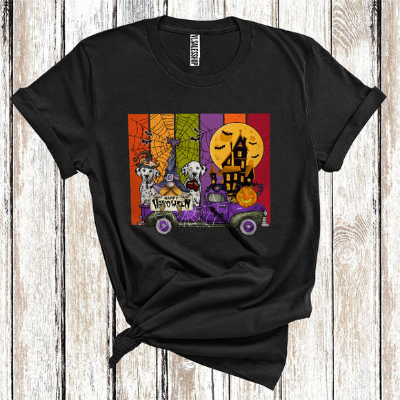 MacnyStore - Halloween Dalmatian Witch On Pickup Truck With Gnome Cute Animal Lover T-Shirt
