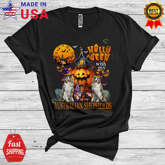MacnyStore - Halloween With My Australian Shepherd Witch Gnome Cute Scary Moon Castle Pumpkin Lover T-Shirt
