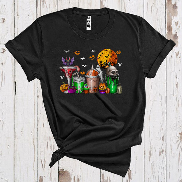 MacnyStore - Halloween Horror Wine Coffee Drinks Cool Carved Pumpkins Scary Moon Drinking Team T-Shirt