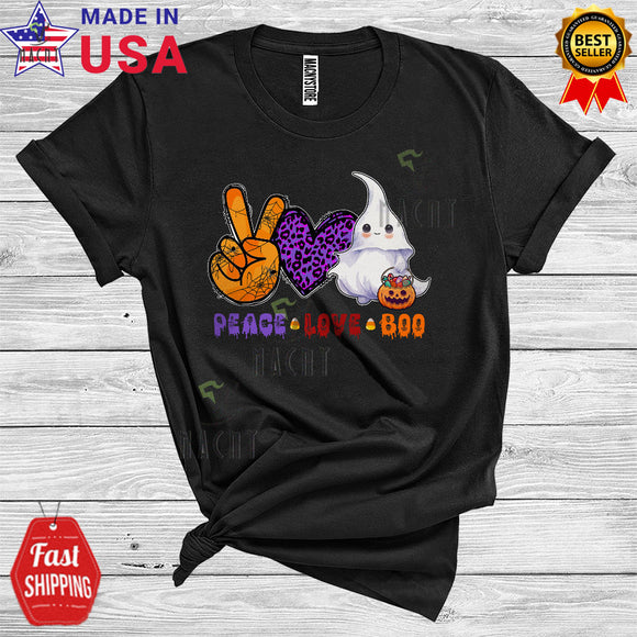 MacnyStore - Halloween Peace Love Boo Cute Ghost Boo Pumpkin Candy Hand Sign Leopard Plaid Heart T-Shirt
