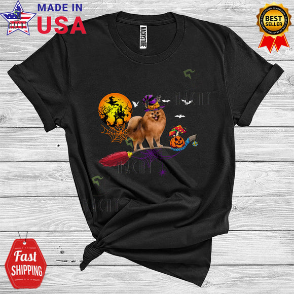 MacnyStore - Halloween Pomeranian Witch's Broom Funny Animal Lover Pumpkin Broomstick T-Shirt