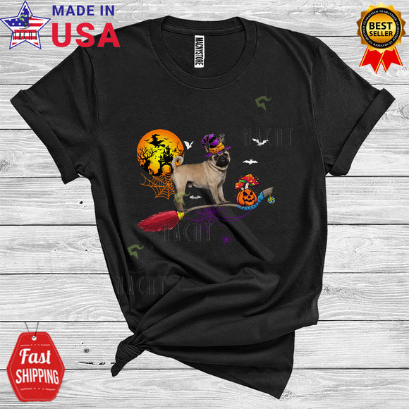 MacnyStore - Halloween Pug Witch's Broom Funny Animal Lover Pumpkin Broomstick T-Shirt