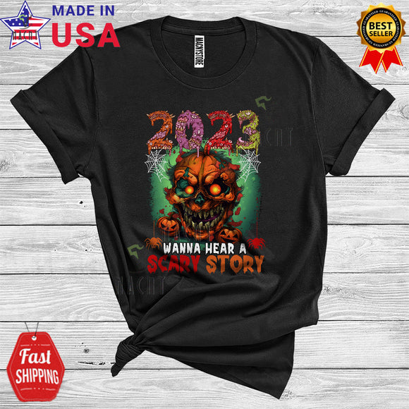 MacnyStore - Halloween Pumpkin 2023 Wanna Hear A Scary Story Funny Pumpkin Skull Halloween Costume T-Shirt