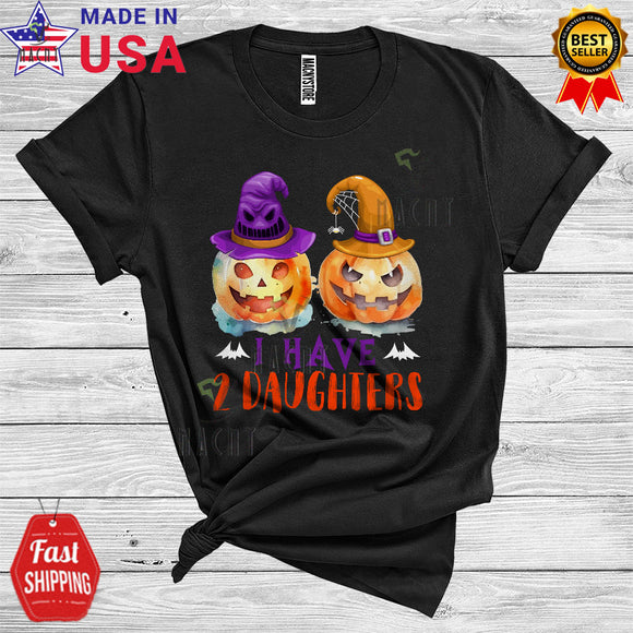 MacnyStore - Halloween Pumpkin I Have 2 Daughters Funny Witch Pumpkin Matching Family Group T-Shirt