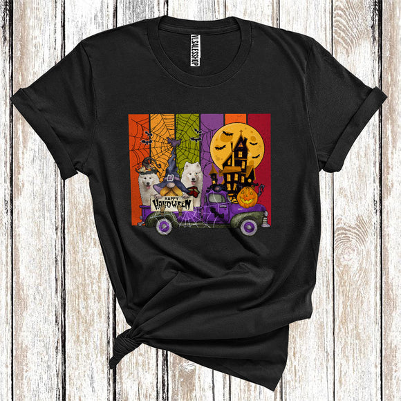 MacnyStore - Halloween Samoyed Witch On Pickup Truck With Gnome Cute Animal Lover T-Shirt