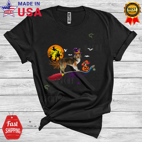 MacnyStore - Halloween Shetland Sheepdog Witch's Broom Funny Animal Lover Pumpkin Broomstick T-Shirt