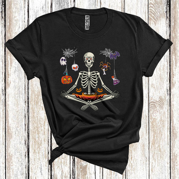 MacnyStore - Halloween Skeleton Doing Yoga Funny Skull Carved Pumpkin Hanging From Spider Web T-Shirt