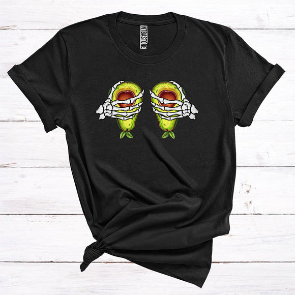 MacnyStore - Halloween Skeleton Hands Holding Avocado Boobs Funny Fruit Vegan Lover T-Shirt
