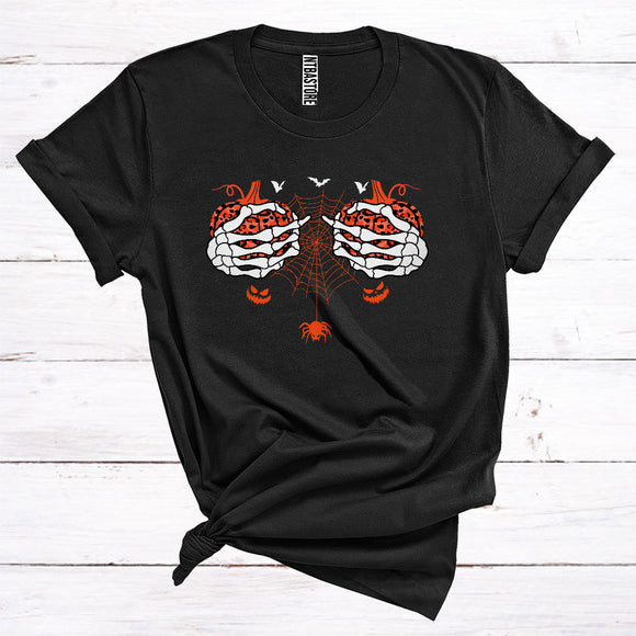 MacnyStore - Halloween Skeleton Hands Holding Leopard Orange Pumpkin Boobs Funny Fruit Vegan Lover T-Shirt
