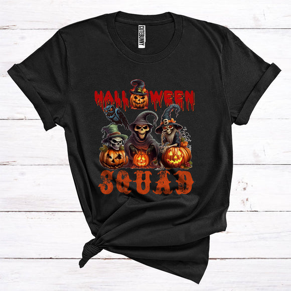 MacnyStore - Halloween Squad Funny Skull Skeleton As Witches Carved Pumpkins T-Shirt