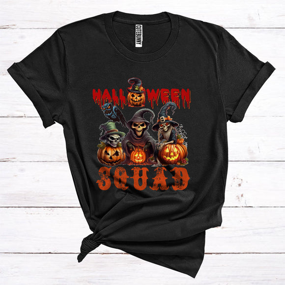 MacnyStore - Halloween Squad Funny Skull Skeleton As Witches Carved Pumpkins T-Shirt
