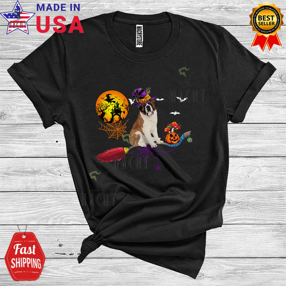 MacnyStore - Halloween St. Bernard Witch's Broom Funny Animal Lover Pumpkin Broomstick T-Shirt