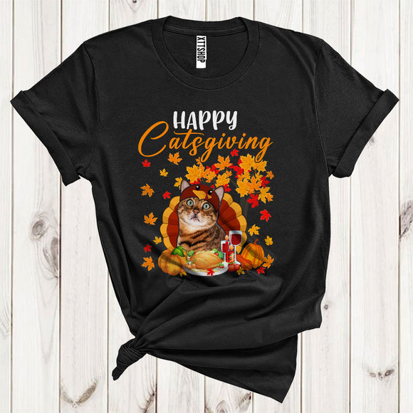 MacnyStore - Happy Catsgiving Funny Cat Turkey With Dinner Fall Autumn Tree Pumpkin Lover Thanksgiving T-Shirt
