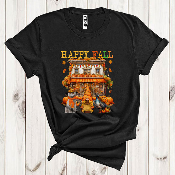 MacnyStore - Happy Fall Cool Thanksgiving Autumn House Gnome Turkey British Shorthair Cat Pumpkin Lover T-Shirt