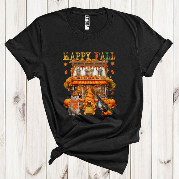 MacnyStore - Happy Fall Cool Thanksgiving Autumn House Gnome Turkey Scottish Fold Cat Pumpkin Lover T-Shirt