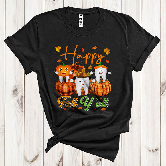MacnyStore - Happy Fall Y'all Cute Thanksgiving Autumn Leaf Three Teeth Pumpkins Dentist Lover T-Shirt
