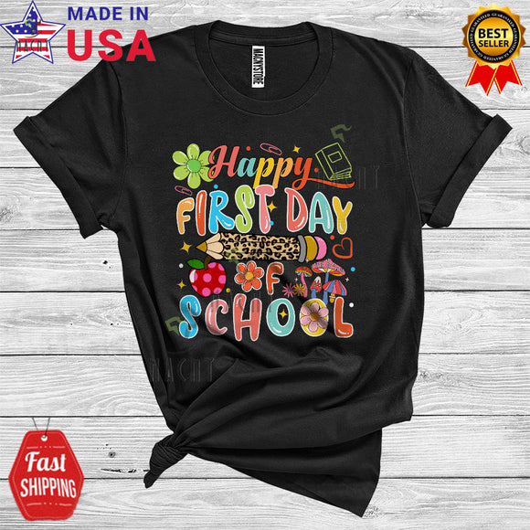 MacnyStore - Happy First Day Of School Cute Floral Leopard Plaid Pencil Lover Student Kid Teacher T-Shirt