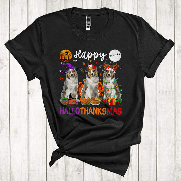 MacnyStore - Happy Halloween Thanksgiving Christmas Funny Three Australian Shepherd As Turkey Witch Santa T-Shirt