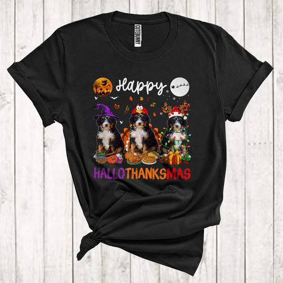 MacnyStore - Happy Halloween Thanksgiving Christmas Funny Three Bernedoodle As Turkey Witch Santa T-Shirt