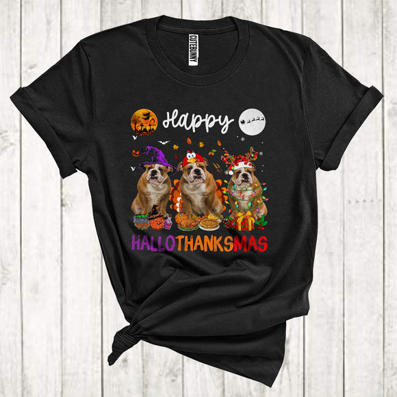 MacnyStore - Happy Halloween Thanksgiving Christmas Funny Three Bulldog As Turkey Witch Santa T-Shirt