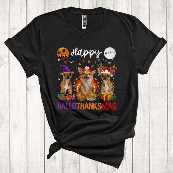 MacnyStore - Happy Halloween Thanksgiving Christmas Funny Three Chihuahua As Turkey Witch Santa T-Shirt